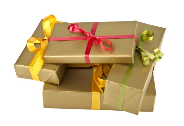 Golden boxes with gifts — Stock Photo, Image