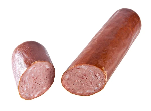 Salami worst op wit — Stockfoto