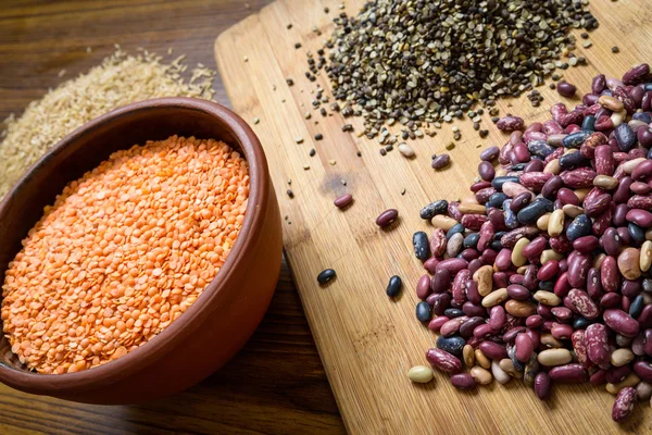 Lentils, red beans and brown rice — Stock Photo, Image
