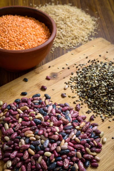 Lentils, red beans and brown rice — Stock Photo, Image