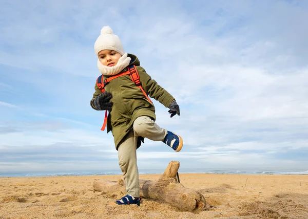 Kleine jongen loopt over een boomstam op het strand Rechtenvrije Stockfoto's