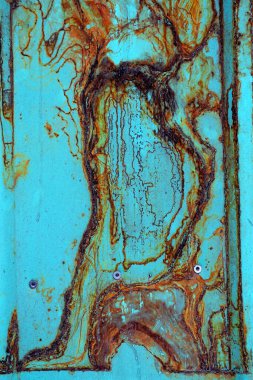 Güzel eski grungy çatladı mavi doğal olarak paslanmış pas ve duvar boyası paslanmış metal çarşaf soyuyordu. Posterler ve blog yazarları için desenli tavan arası süsleme arkaplanı