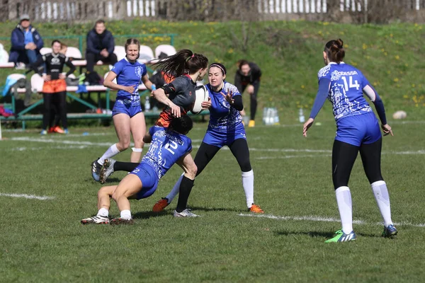 Odessa Ukraine April 2021 Cup Ukraine Women Rugby Teams 敖德萨蓝色基辅航空橙色女子橄榄球比赛的紧张时刻 — 图库照片