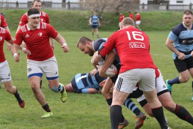 ODESSA, UKRAINE - 17 Nisan 2021: Rugby Kupası 7. Odessa Polytechnic Derby - mavi, CREDO - kırmızı. Erkeklerin ragbi maçının gergin anı. Dramatik ve zorlu erkek ragbi müsabakası. Erkekler ragbi sahasında savaşır