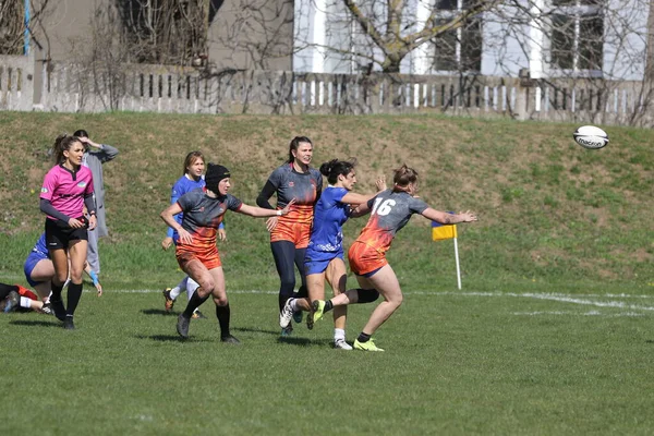 Odessa Ukraine April 2021 Cup Ukraine Women Rugby Teams 敖德萨蓝色基辅航空橙色女子橄榄球比赛的紧张时刻 — 图库照片