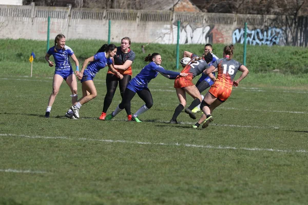 Odessa Ukraine April 2021 Cup Ukraine Women Rugby Teams 敖德萨蓝色基辅航空橙色女子橄榄球比赛的紧张时刻 — 图库照片