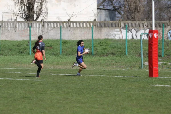 Odessa Ukraine April 2021 女性ラグビーチームの間でウクライナのカップ7 オデッサ キエフアビエイター オレンジ 女子ラグビーの試合の緊張した瞬間 女子ラグビーチームのための劇的な挑戦ゲーム — ストック写真