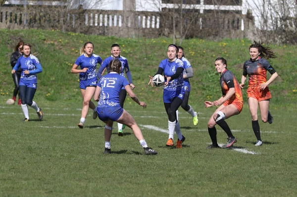 Odessa Ukraine April 2021 Cup Ukraine Women Rugby Teams 敖德萨蓝色基辅航空橙色女子橄榄球比赛的紧张时刻 — 图库照片