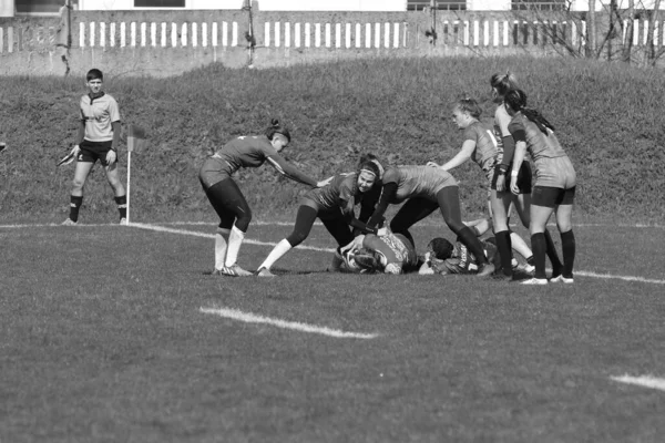 Odessa Ukraine April 2021 Cup Ukraine Women Rugby Teams 敖德萨蓝色基辅航空橙色女子橄榄球比赛的紧张时刻 — 图库照片