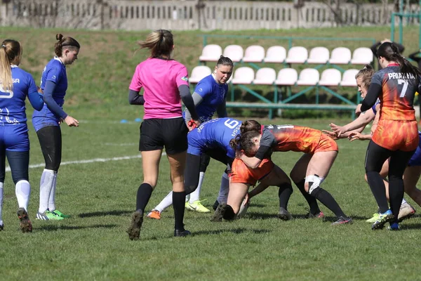 Odessa Ukraine April 2021 Cup Ukraine Women Rugby Teams 敖德萨蓝色基辅航空橙色女子橄榄球比赛的紧张时刻 — 图库照片