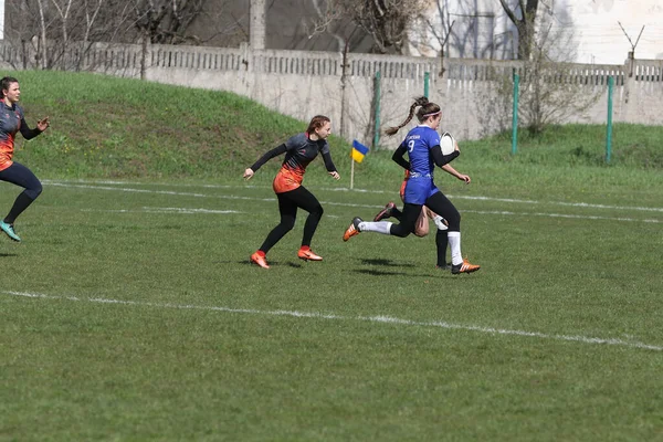 Odessa Ukraine April 2021 Cup Ukraine Women Rugby Teams 敖德萨蓝色基辅航空橙色女子橄榄球比赛的紧张时刻 — 图库照片