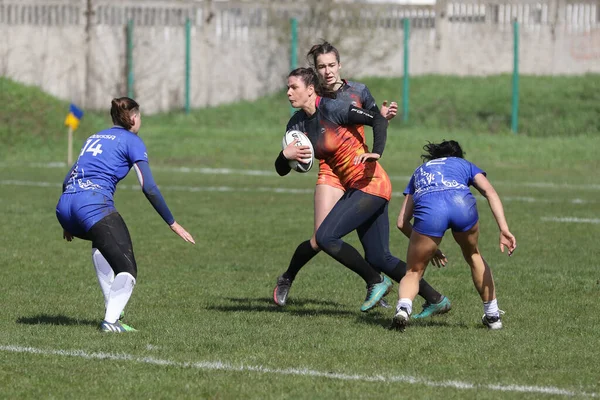 Odessa Ukraine April 2021 Cup Ukraine Women Rugby Teams 敖德萨蓝色基辅航空橙色女子橄榄球比赛的紧张时刻 — 图库照片