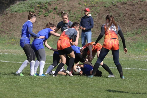 Odessa Ukraine April 2021 Cup Ukraine Women Rugby Teams 敖德萨蓝色基辅航空橙色女子橄榄球比赛的紧张时刻 — 图库照片
