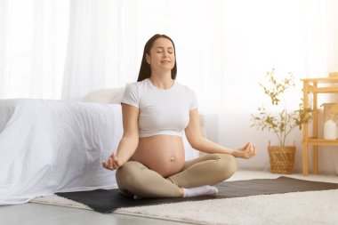 Hamile genç bir kadın evde yoga minderi üzerinde gözleri kapalı meditasyon yapıyor. Sağlıklı hamileliği ve duygusal refahı destekleyen sakin doğum öncesi rahatlama ve farkındalık pratiği.