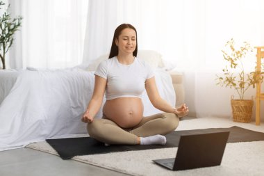 Hamile genç bir kadın evde dizüstü bilgisayar izlerken doğum öncesi yoga yapıyor. Çevrimiçi annelik fitness sınıfı ve sağlıklı hamilelik egzersizi rutin konsepti
