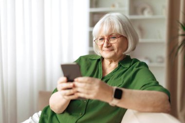 Kanepede oturan ve evde akıllı telefon kullanan kıdemli bir kadın. Olgun beyaz kadın internette geziniyor veya mobil aygıtla mesajlar gönderiyor, emeklilik yaşam tarzında dijital iletişimi gösteriyor