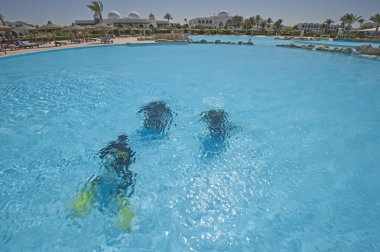 Dalgıçların tropikal otel resort yüzme havuzunda eğitim
