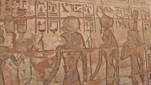 Egyptian hieroglyphic carvings on an ancient temple wall — Stock Video
