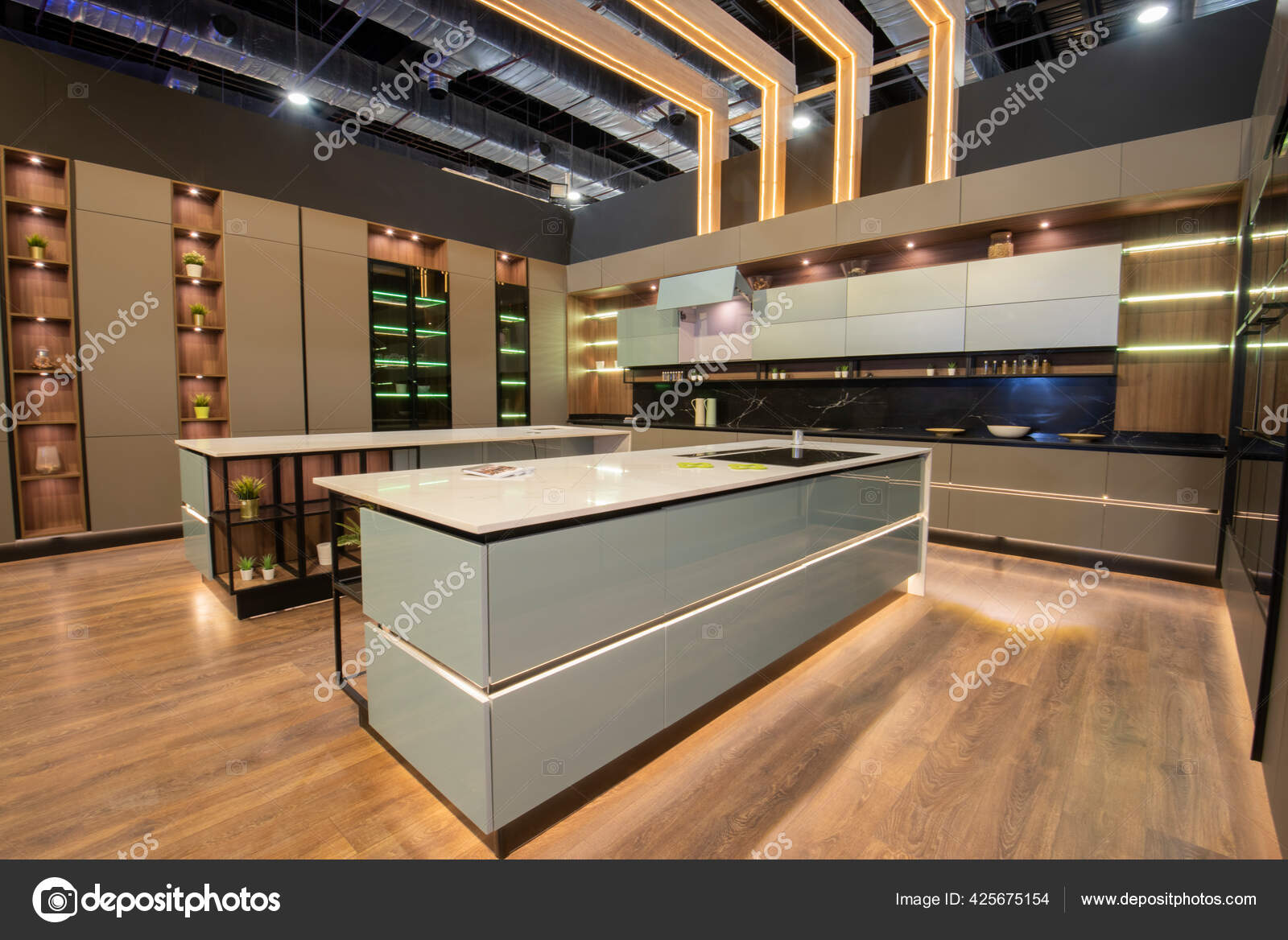 Interior Design Decor Showing Large Modern Kitchen Island