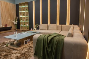 Lüks apartmandaki oturma odasının oturma odası büyük koltuklarla döşenmiş iç dizayn dekorasyonunu gösteriyor.