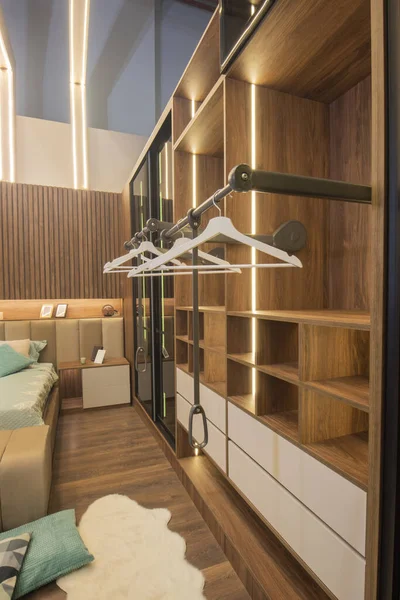 Interiér Design Výzdoba Vybavení Luxusní Show Domácí Ložnice Ukazující Dřevěný — Stock fotografie