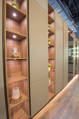 Lüks apartmandaki oturma odasının oturma odası büyük dolap depolama ünitesiyle döşenmiş iç tasarım dekorasyonunu gösteriyor.