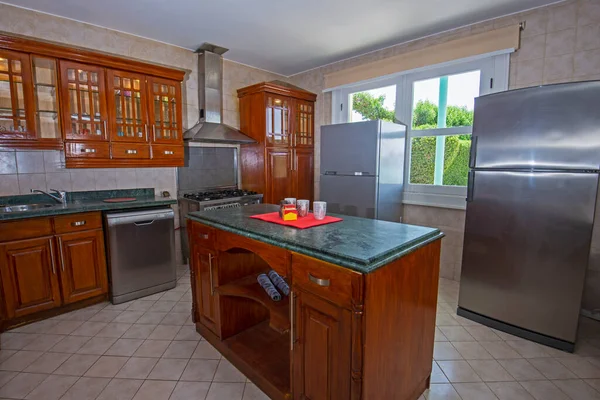 Interior Design Decor Showing Modern Wooden Kitchen Appliances Luxury Villa — Stock Photo, Image
