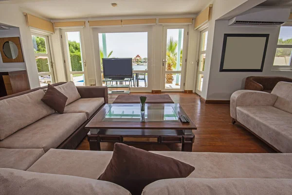 Obývací Pokoj Obývací Prostor Luxusní Tropické Rekreační Vily Ukázat Domov — Stock fotografie