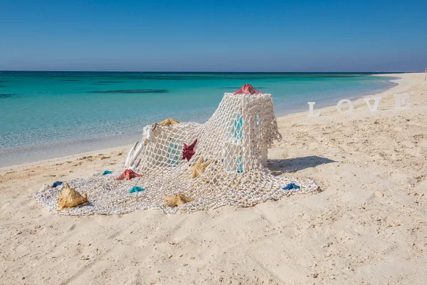 Gros Plan Mariage Décorations Romantiques Sur Île Tropicale Plage Sable — Photo