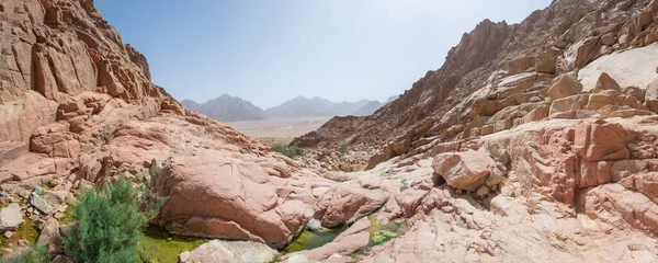 Panoramic View Freshwater Pool Desert Mountain Canyon Overlooking Dry Wadi — Stock Photo, Image