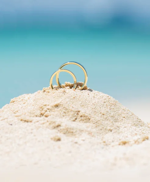 Par Anillos Bodas Oro Joyas Arena Playa Tropical Isla Del —  Fotos de Stock