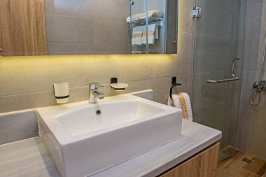 Lavabosu olan lüks bir ev tuvaletinin iç tasarımı.