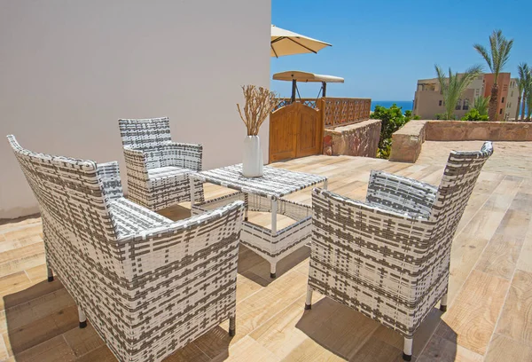 Muebles Terraza Apartamento Lujo Complejo Tropical Con Muebles Vistas Mar — Foto de Stock