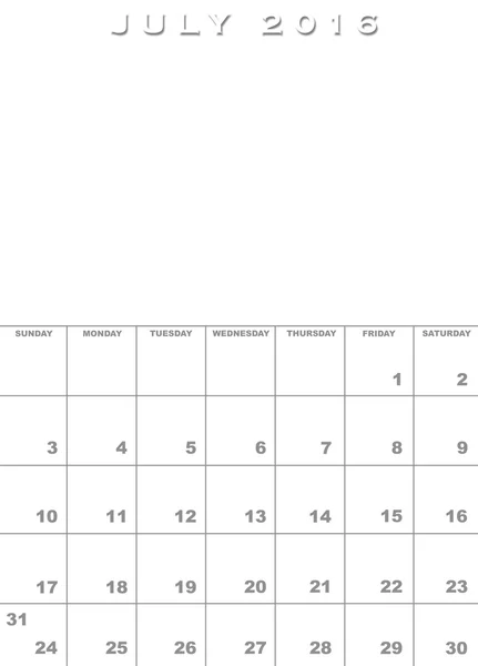 Июль 2016 шаблон календаря — стоковое фото