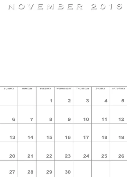 11 月 2016年日历模板 — 图库照片