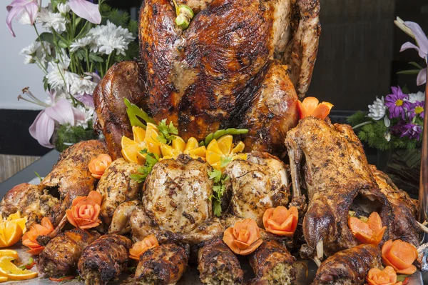 Roasted turkey and duck at a restaurant buffet carvery — Stock Photo, Image