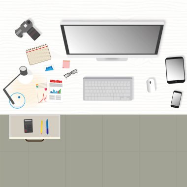 Vektör çizimi. Bilgisayarlı ofis masası çalışma alanı üst görünümü.