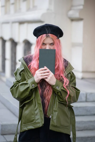 Girl Black Beret Long Pink Hair Holds Closed Green Book — Stock Photo, Image