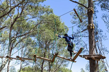 İnsanlar ağaç parkında antrenman yapıyor.
