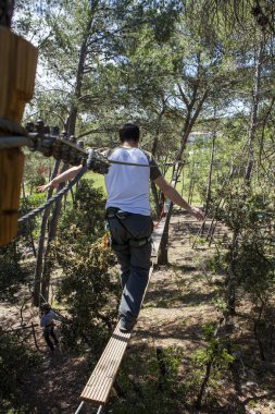 İnsanlar ağaç parkında antrenman yapıyor.