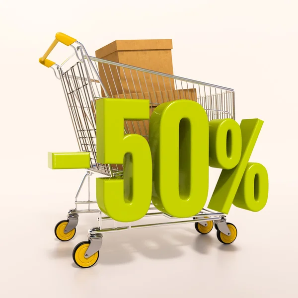 Shopping cart and percentage sign, 50 percent — Stock Photo, Image