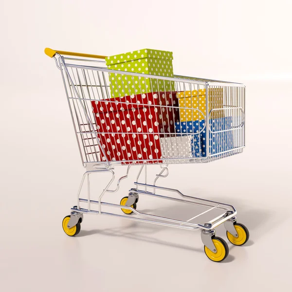 Nákupní košík plný nákupů v balíčcích — Stock fotografie