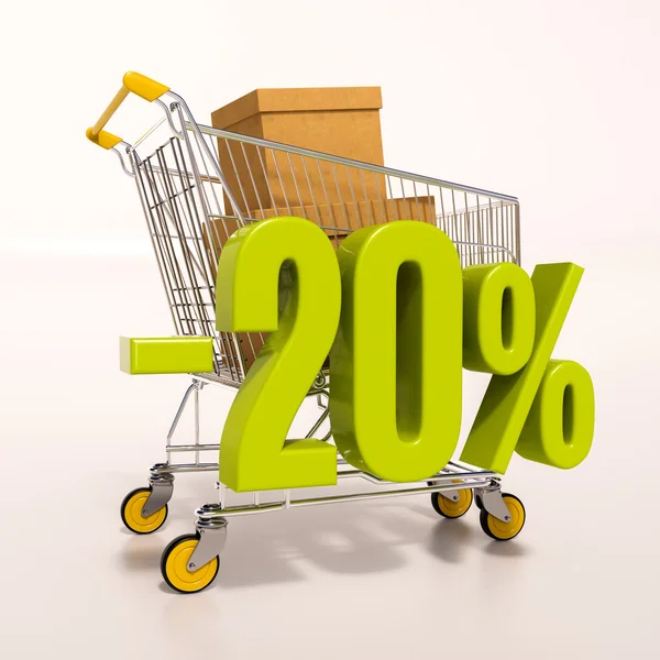 Carro de la compra y signo de porcentaje, 20 por ciento — Foto de Stock