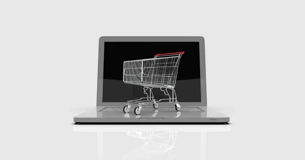 Bevásárlókosár laptopon, E-kereskedelem — Stock Fotó