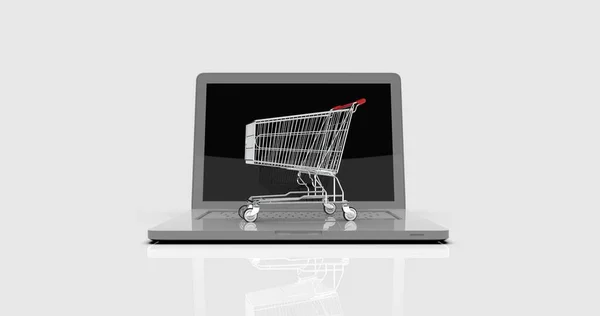 Bevásárlókosár laptopon, E-kereskedelem — Stock Fotó