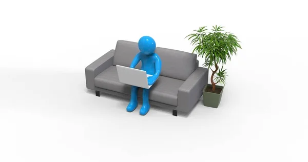 Персонаж Человек работает с ноутбуком в домашнем офисе — стоковое фото