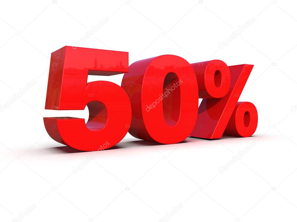 50 Percent Sign, Red 50% Percent Discount 3d Sign on White Background, Special Offer 50% Discount Tag, Sale Up to 50 Percent Off, Fifty Percent Letters Sale Symbol, 3D Digit forPromotion
