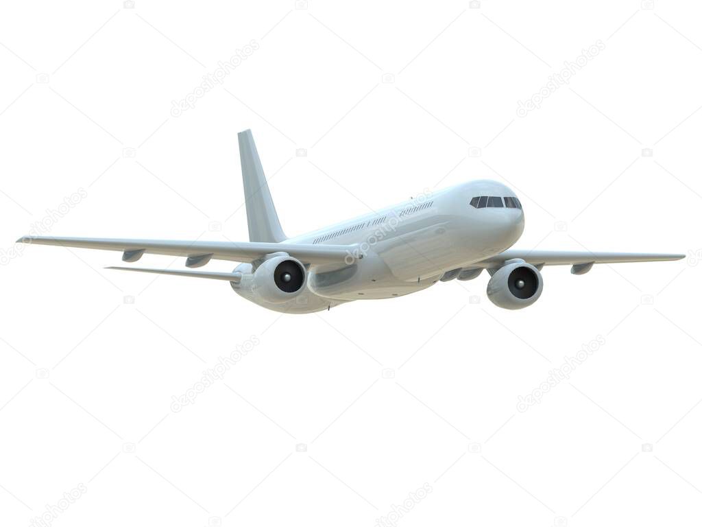 Commercial Passenger Plane in Air on White, Vacation Travel by Air Transport,Airliner Take Off Flying, Aircraft Flight and Aviation Route Airline Sign, Aviation Cargo Service 3d Illustration