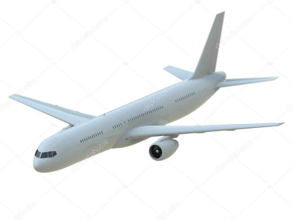 Commercial Passenger Plane in Air on White, Vacation Travel by Air Transport,Airliner Take Off Flying, Aircraft Flight and Aviation Route Airline Sign, Aviation Cargo Service 3d Illustration