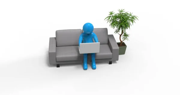 Персонаж Человек работает с ноутбуком в домашнем офисе — стоковое фото